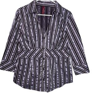 Vintage Gitano Women's Button Down Shirt Top Purple Stripe 3/4 Sleeve Size L Y2K
